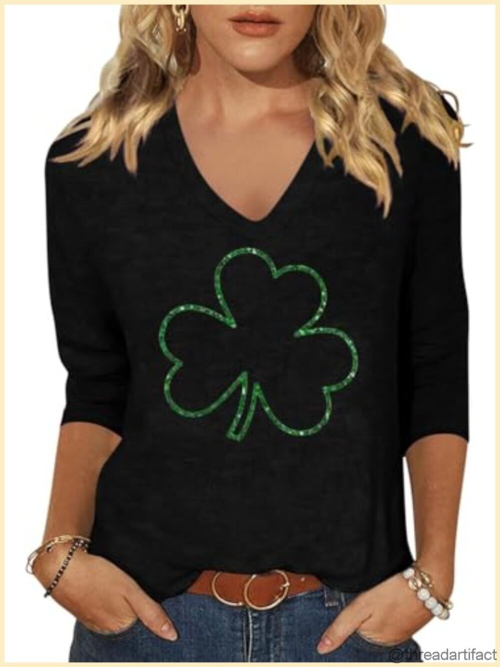 Womens 3/4 Sleeve V Neck Love Heart Graphic Tee Cotton Blend